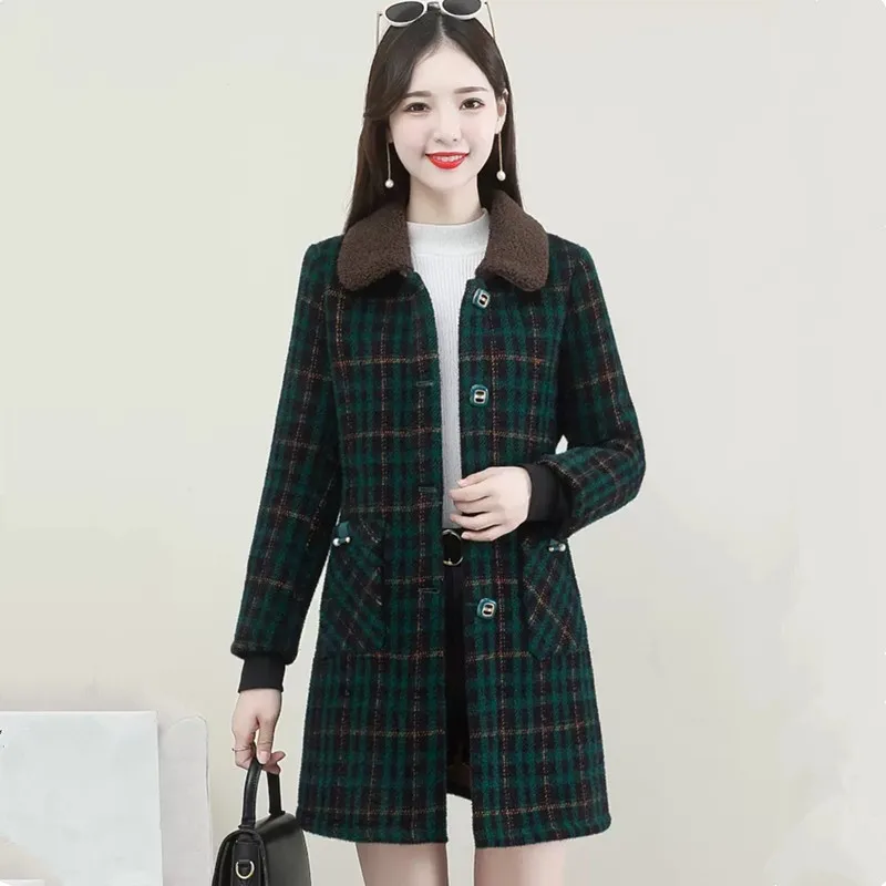 UHYTGF XL-6XL Winter Coat Women Fashion Stitching Medium Length Plaid Woolen Jacket Female Korean Slim Warm Ladies Overcoat 2261