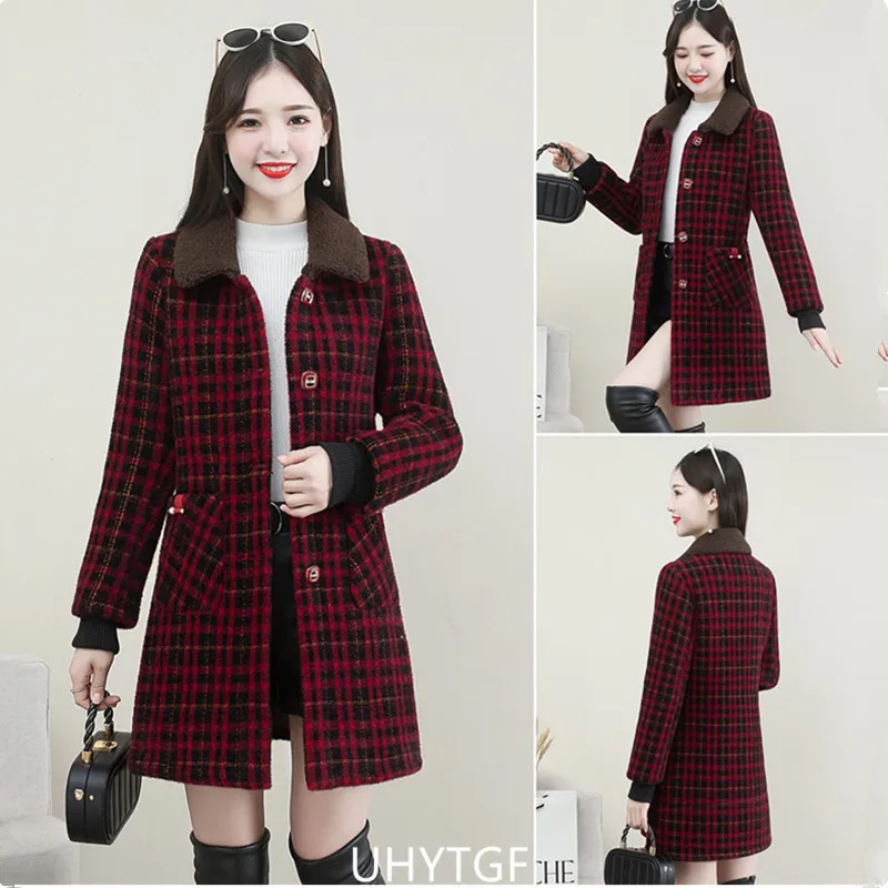 UHYTGF XL-6XL Winter Coat Women Fashion Stitching Medium Length Plaid Woolen Jacket Female Korean Slim Warm Ladies Overcoat 2261