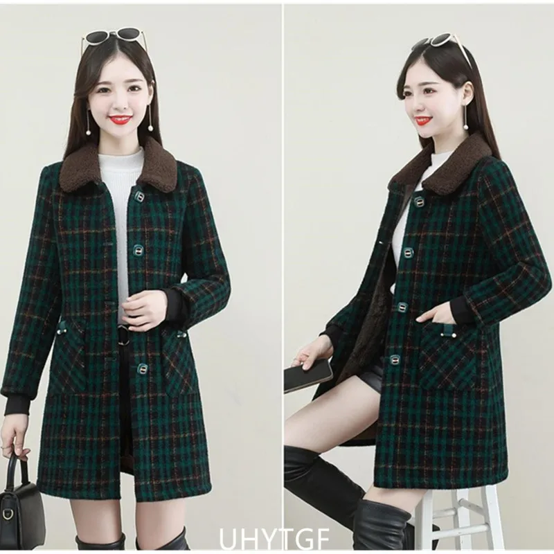 UHYTGF XL-6XL Winter Coat Women Fashion Stitching Medium Length Plaid Woolen Jacket Female Korean Slim Warm Ladies Overcoat 2261