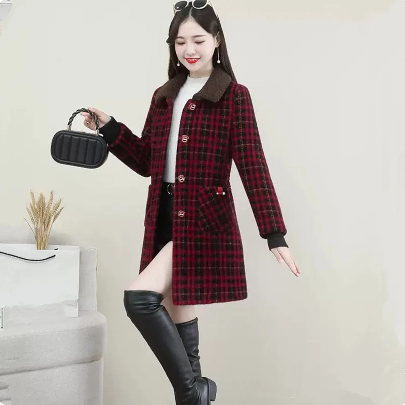 UHYTGF XL-6XL Winter Coat Women Fashion Stitching Medium Length Plaid Woolen Jacket Female Korean Slim Warm Ladies Overcoat 2261