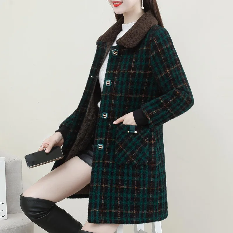UHYTGF XL-6XL Winter Coat Women Fashion Stitching Medium Length Plaid Woolen Jacket Female Korean Slim Warm Ladies Overcoat 2261