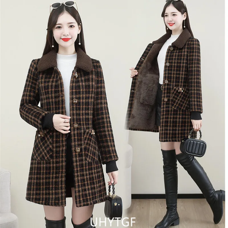 UHYTGF XL-6XL Winter Coat Women Fashion Stitching Medium Length Plaid Woolen Jacket Female Korean Slim Warm Ladies Overcoat 2261