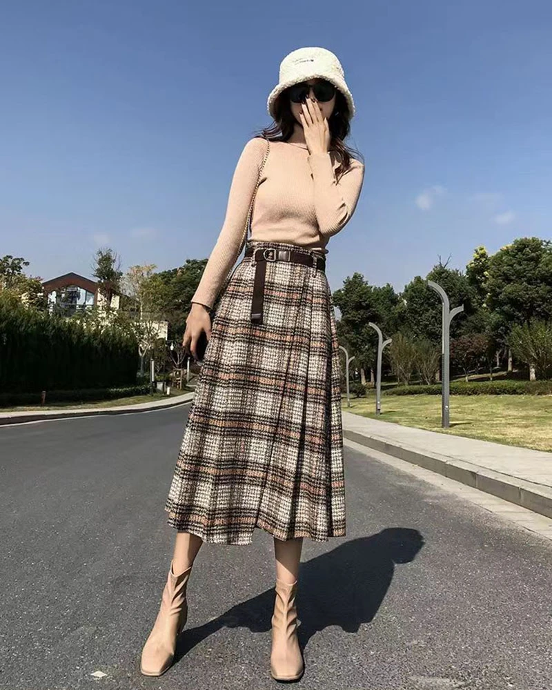 Lucyever Autumn Winter Thicken Long Skirt Women Vintage High Waist Irregular Plaid Skirts Female Elegant with Belt A-Line Skirts