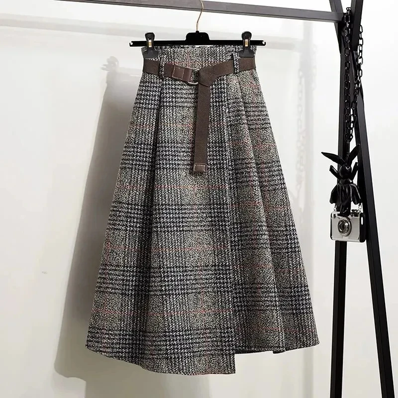 Lucyever Autumn Winter Thicken Long Skirt Women Vintage High Waist Irregular Plaid Skirts Female Elegant with Belt A-Line Skirts