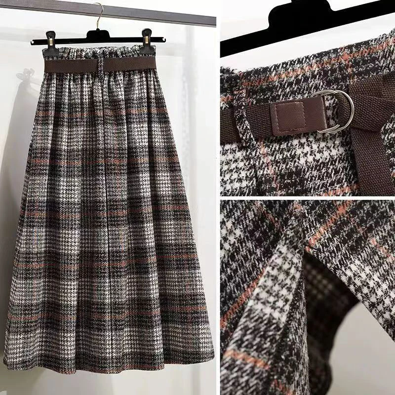 Lucyever Autumn Winter Thicken Long Skirt Women Vintage High Waist Irregular Plaid Skirts Female Elegant with Belt A-Line Skirts
