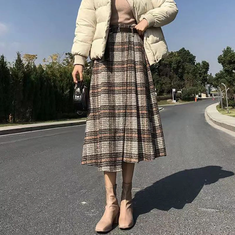 Lucyever Autumn Winter Thicken Long Skirt Women Vintage High Waist Irregular Plaid Skirts Female Elegant with Belt A-Line Skirts