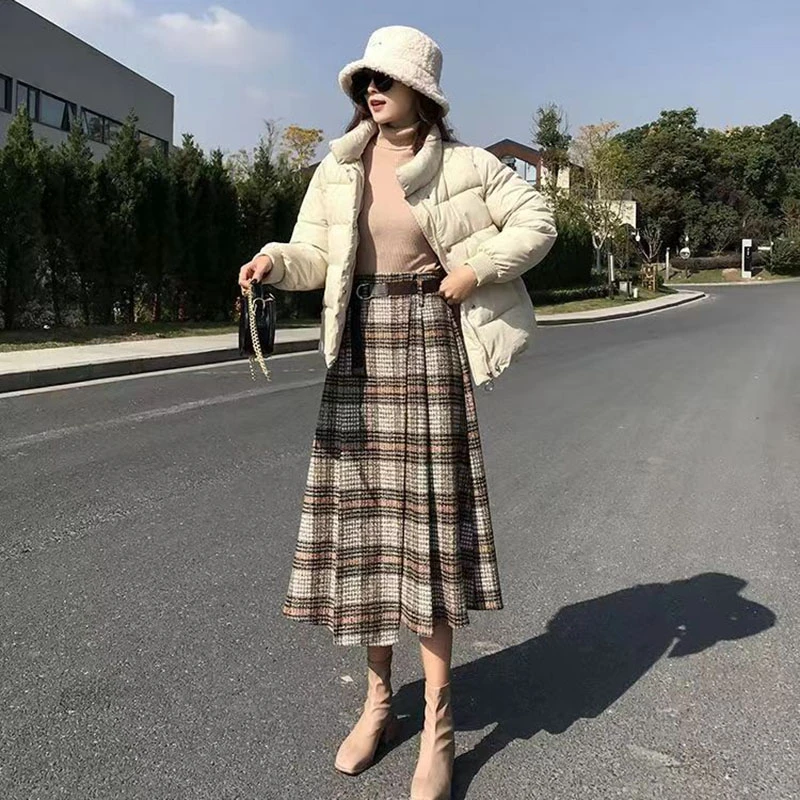 Lucyever Autumn Winter Thicken Long Skirt Women Vintage High Waist Irregular Plaid Skirts Female Elegant with Belt A-Line Skirts