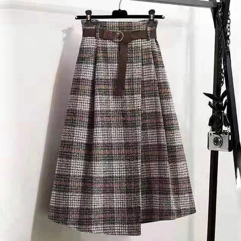 Lucyever Autumn Winter Thicken Long Skirt Women Vintage High Waist Irregular Plaid Skirts Female Elegant with Belt A-Line Skirts