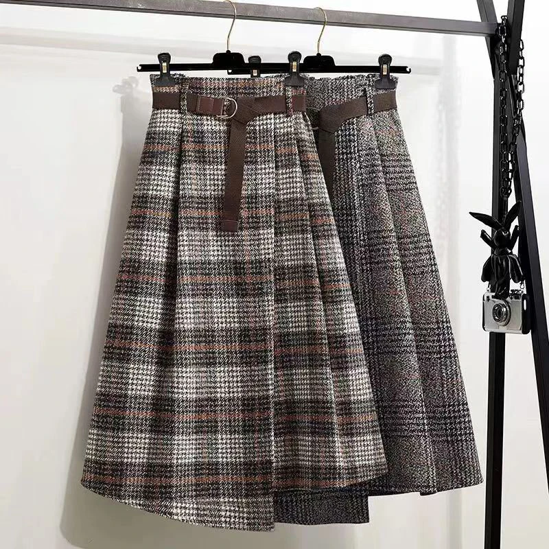 Lucyever Autumn Winter Thicken Long Skirt Women Vintage High Waist Irregular Plaid Skirts Female Elegant with Belt A-Line Skirts