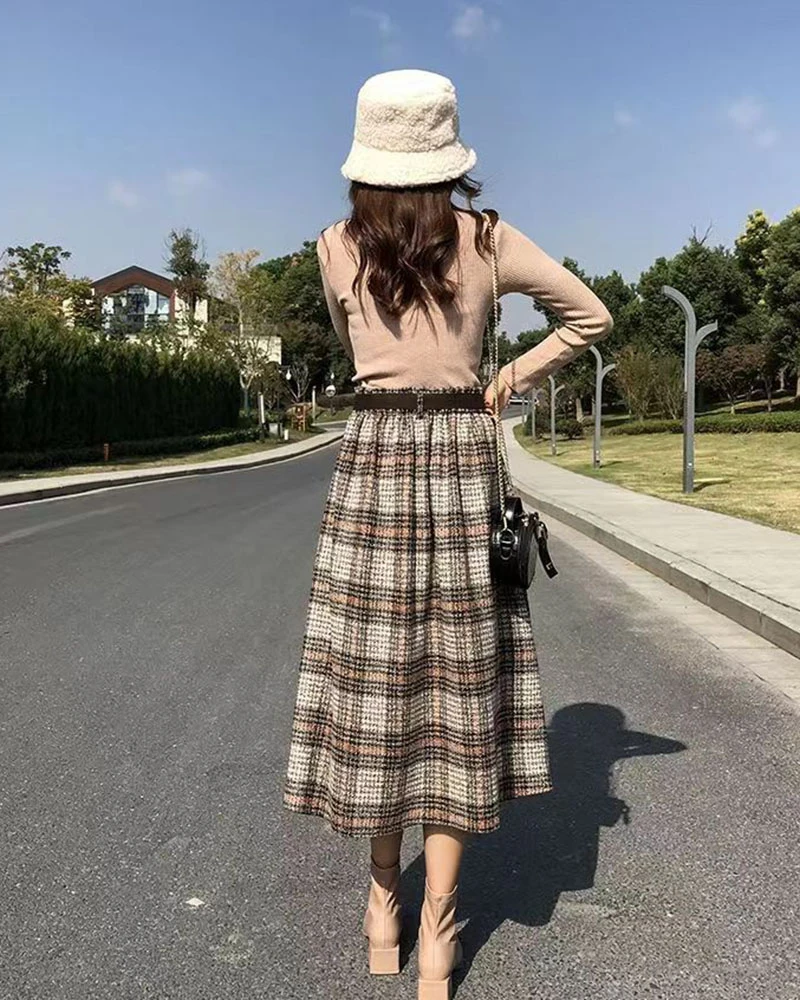 Lucyever Autumn Winter Thicken Long Skirt Women Vintage High Waist Irregular Plaid Skirts Female Elegant with Belt A-Line Skirts