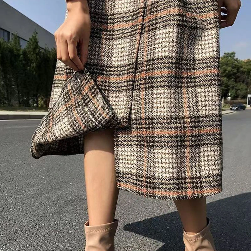 Lucyever Autumn Winter Thicken Long Skirt Women Vintage High Waist Irregular Plaid Skirts Female Elegant with Belt A-Line Skirts