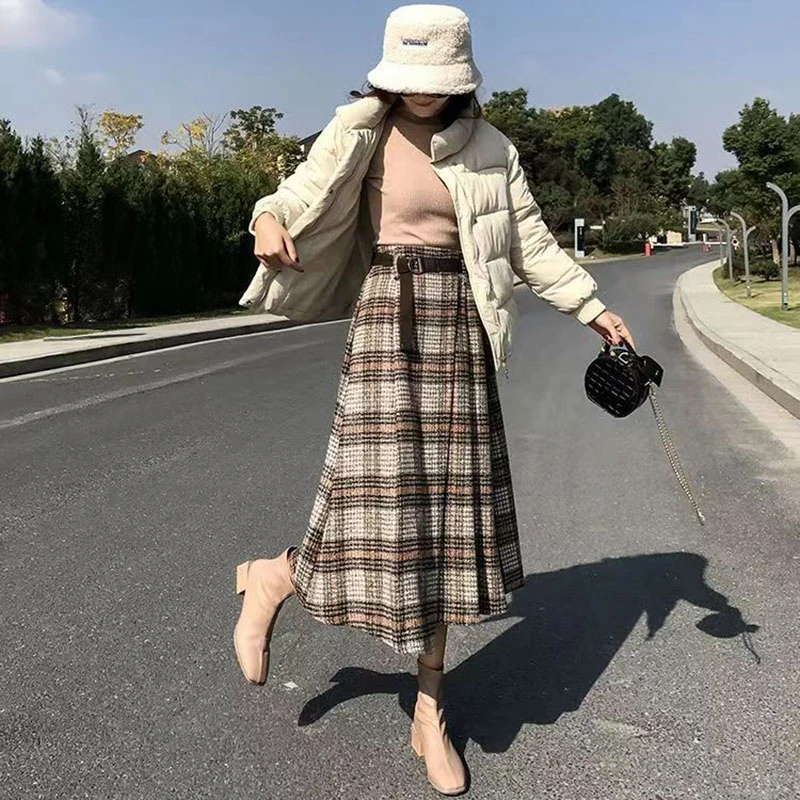 Lucyever Autumn Winter Thicken Long Skirt Women Vintage High Waist Irregular Plaid Skirts Female Elegant with Belt A-Line Skirts
