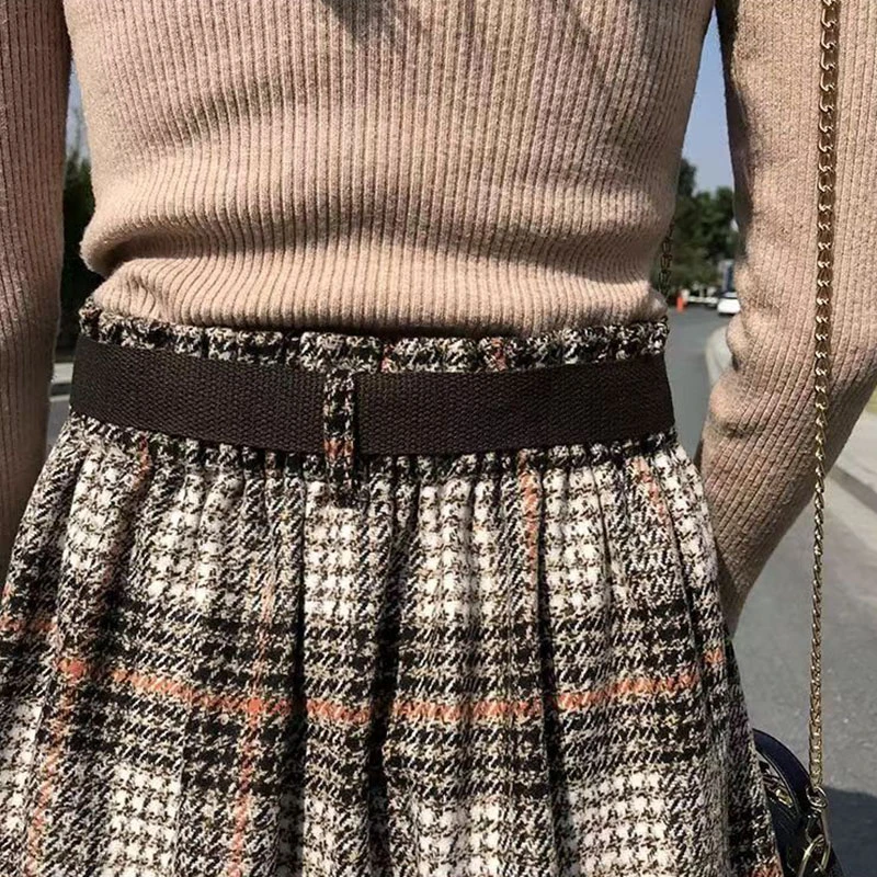 Lucyever Autumn Winter Thicken Long Skirt Women Vintage High Waist Irregular Plaid Skirts Female Elegant with Belt A-Line Skirts