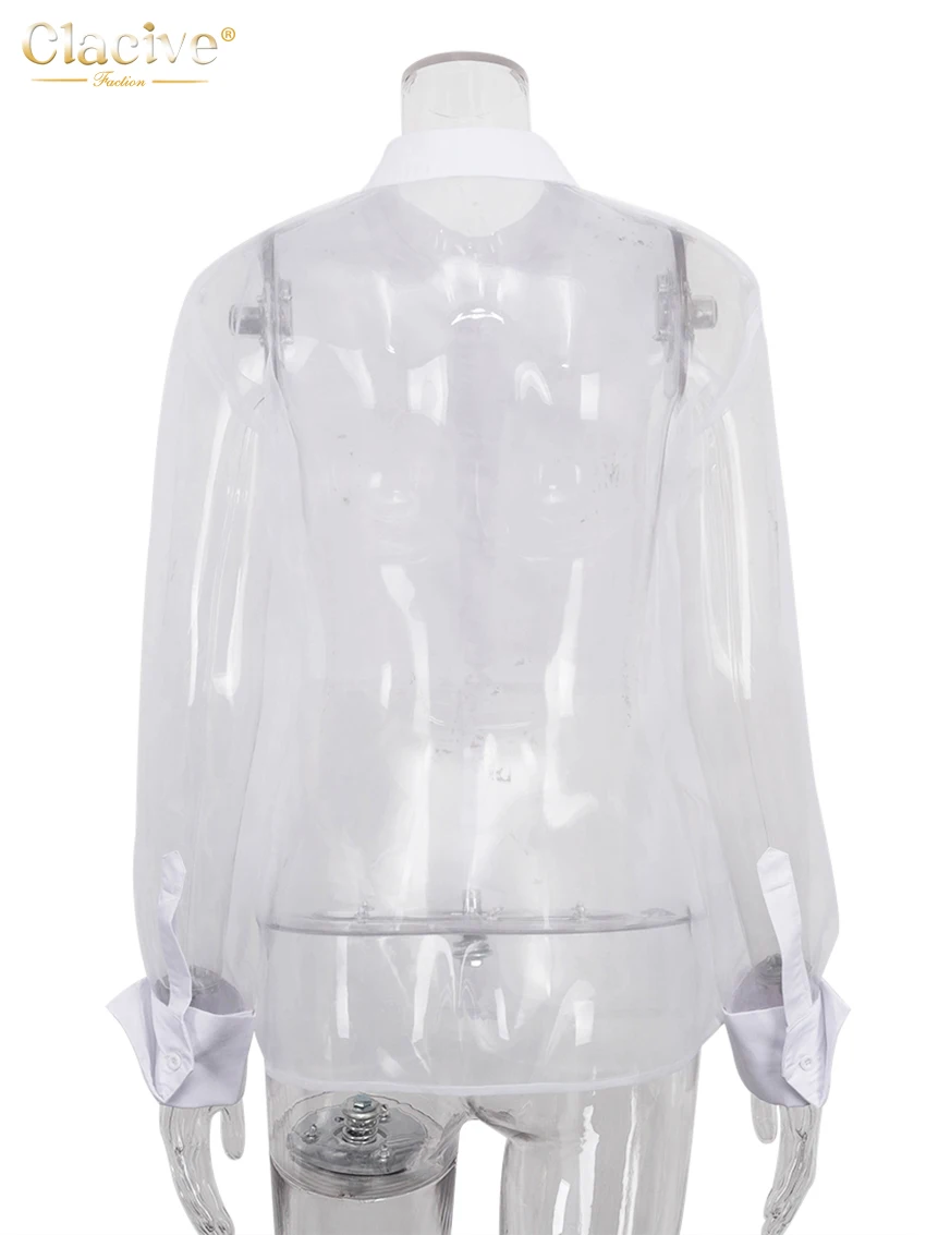 Clacive Fashion Woman Blouse 2023 Sexy Lapel Long Sleeve Office Shirts Elegant Mesh Patchwork See Through Tops Female Clothing