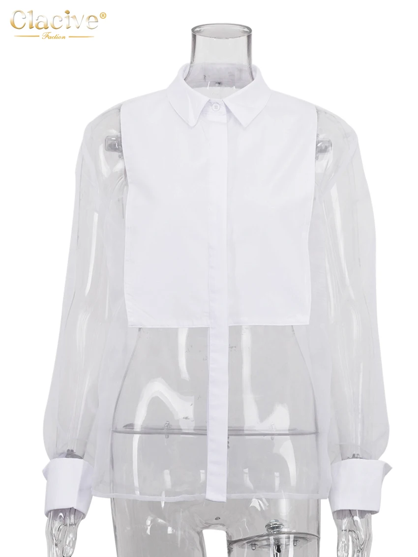 Clacive Fashion Woman Blouse 2023 Sexy Lapel Long Sleeve Office Shirts Elegant Mesh Patchwork See Through Tops Female Clothing