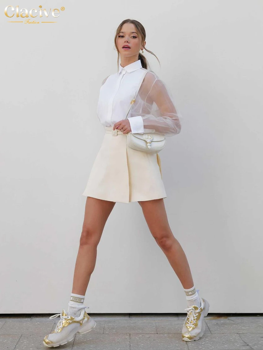 Clacive Fashion Woman Blouse 2023 Sexy Lapel Long Sleeve Office Shirts Elegant Mesh Patchwork See Through Tops Female Clothing