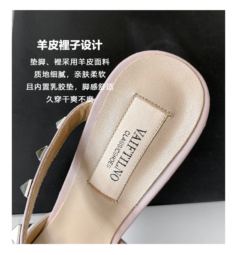 Heeled Sandals Summer 2026 Women's Shoes Luxury Rivet Slippers Patent Leather Pointed Toe Comfortable Elegant Casual Ladies Shoe