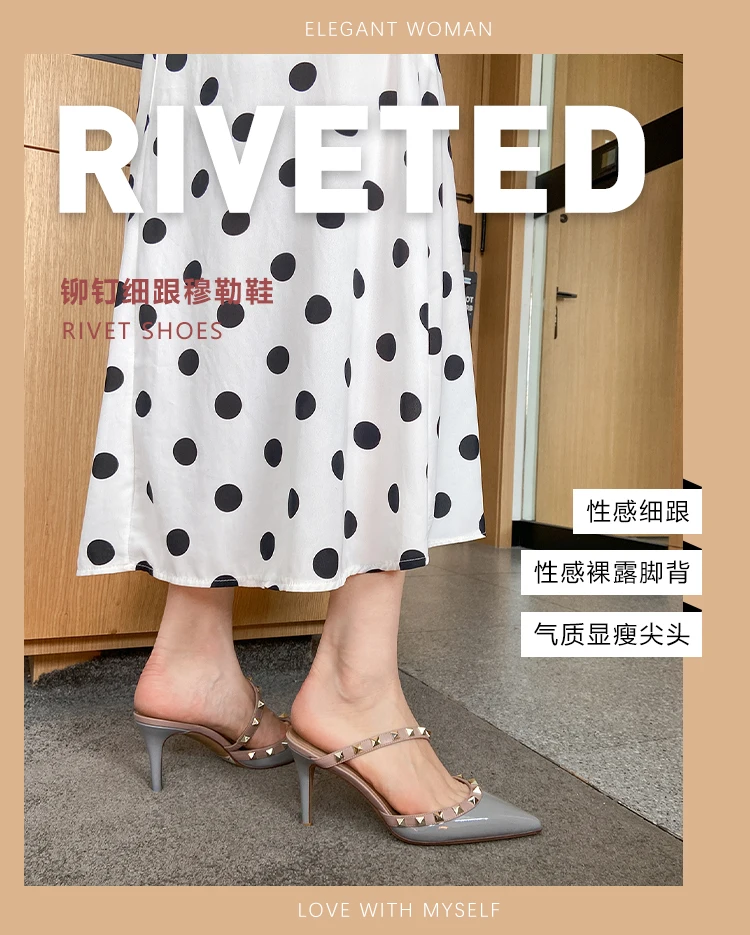 Heeled Sandals Summer 2026 Women's Shoes Luxury Rivet Slippers Patent Leather Pointed Toe Comfortable Elegant Casual Ladies Shoe