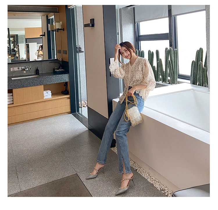 Heeled Sandals Summer 2026 Women's Shoes Luxury Rivet Slippers Patent Leather Pointed Toe Comfortable Elegant Casual Ladies Shoe