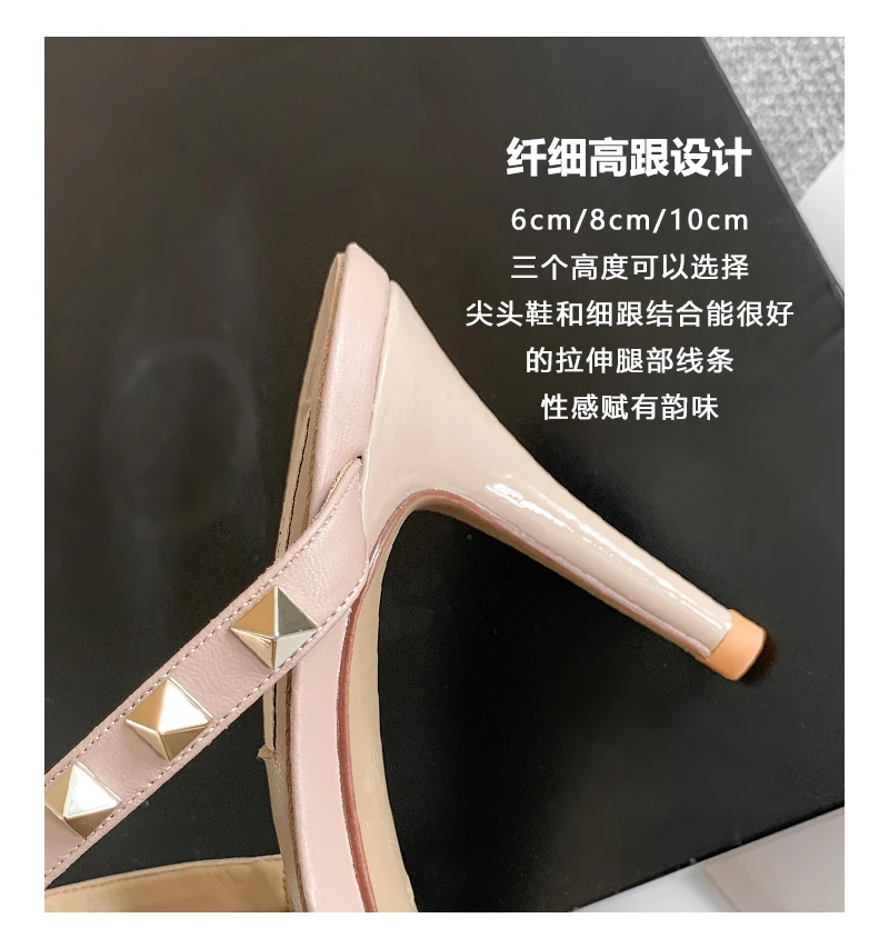 Heeled Sandals Summer 2026 Women's Shoes Luxury Rivet Slippers Patent Leather Pointed Toe Comfortable Elegant Casual Ladies Shoe