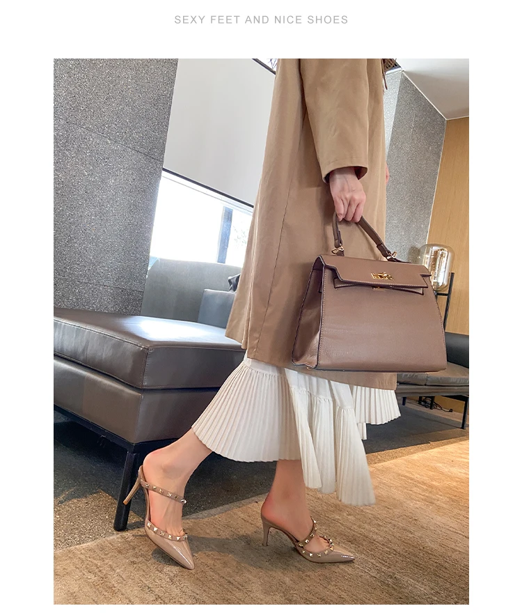 Heeled Sandals Summer 2026 Women's Shoes Luxury Rivet Slippers Patent Leather Pointed Toe Comfortable Elegant Casual Ladies Shoe