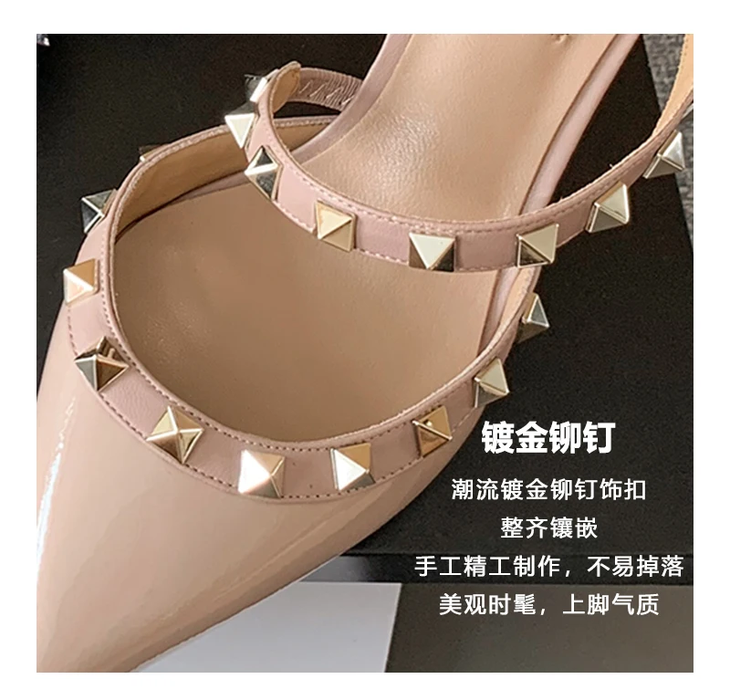 Heeled Sandals Summer 2026 Women's Shoes Luxury Rivet Slippers Patent Leather Pointed Toe Comfortable Elegant Casual Ladies Shoe