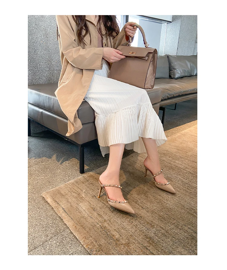 Heeled Sandals Summer 2026 Women's Shoes Luxury Rivet Slippers Patent Leather Pointed Toe Comfortable Elegant Casual Ladies Shoe