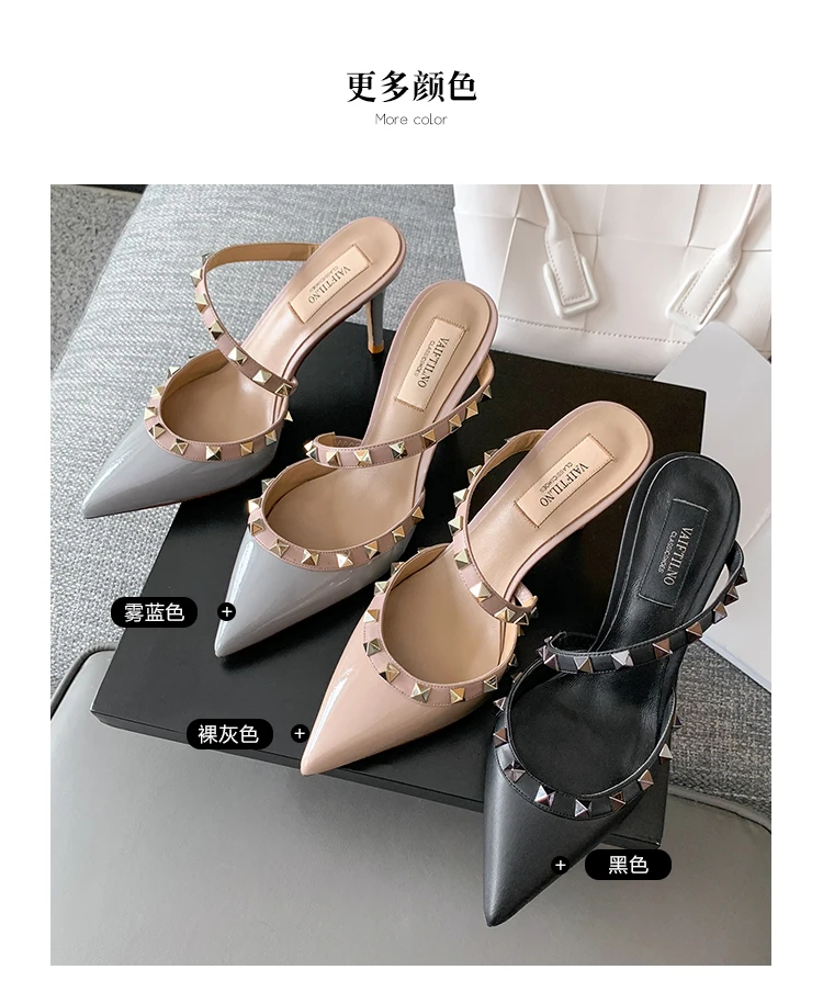 Heeled Sandals Summer 2026 Women's Shoes Luxury Rivet Slippers Patent Leather Pointed Toe Comfortable Elegant Casual Ladies Shoe