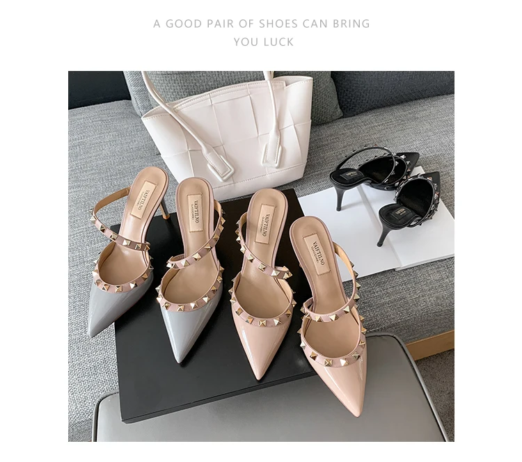 Heeled Sandals Summer 2026 Women's Shoes Luxury Rivet Slippers Patent Leather Pointed Toe Comfortable Elegant Casual Ladies Shoe
