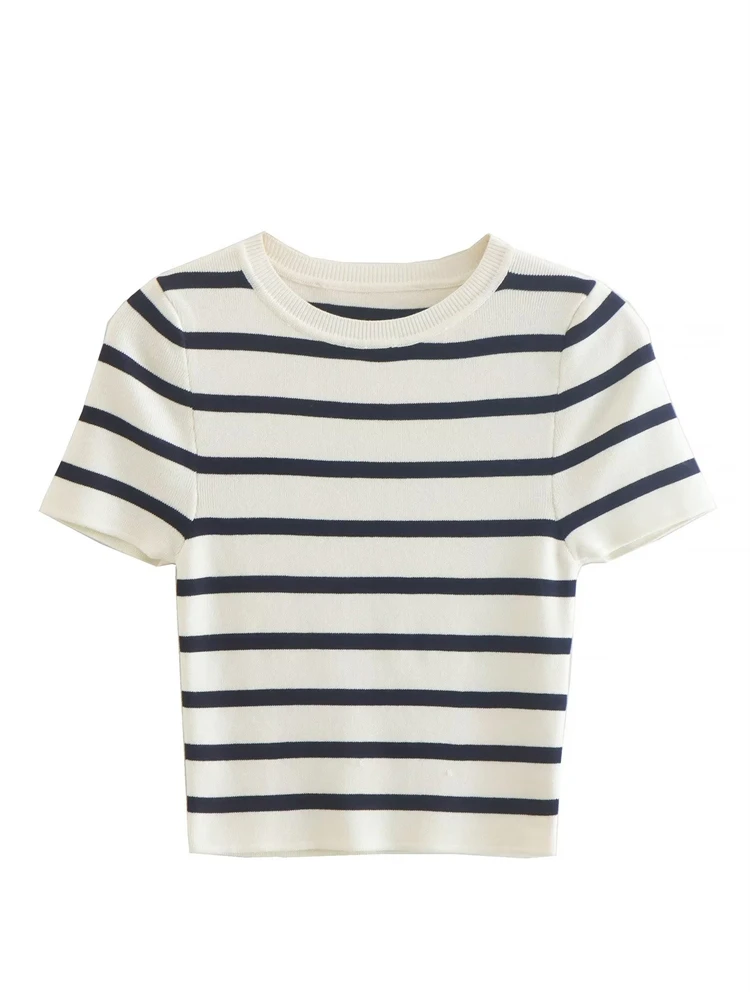 KEYANKETIAN women's round neck short-sleeved knitted striped shirt summer new British style tight short fashion pullover top
