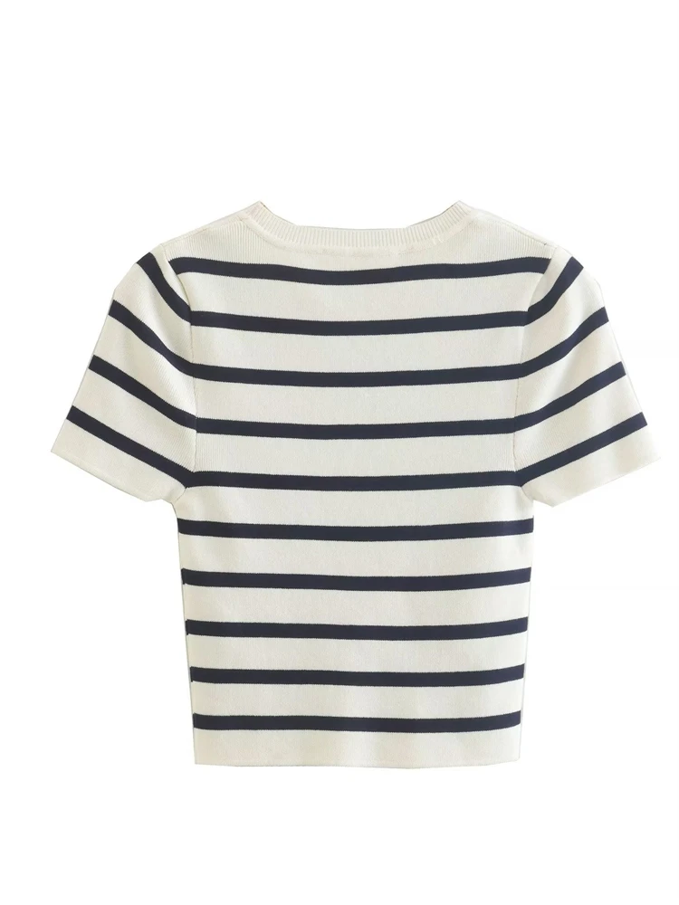 KEYANKETIAN women's round neck short-sleeved knitted striped shirt summer new British style tight short fashion pullover top
