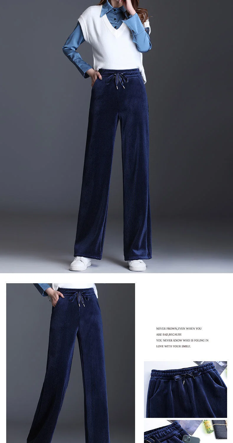 Winter Velvet Wide Leg Pants Women New Baggy Thicken Lace Up Straight Sweatpants Plush Liend Warm Pantalones High Wasit Spodnie