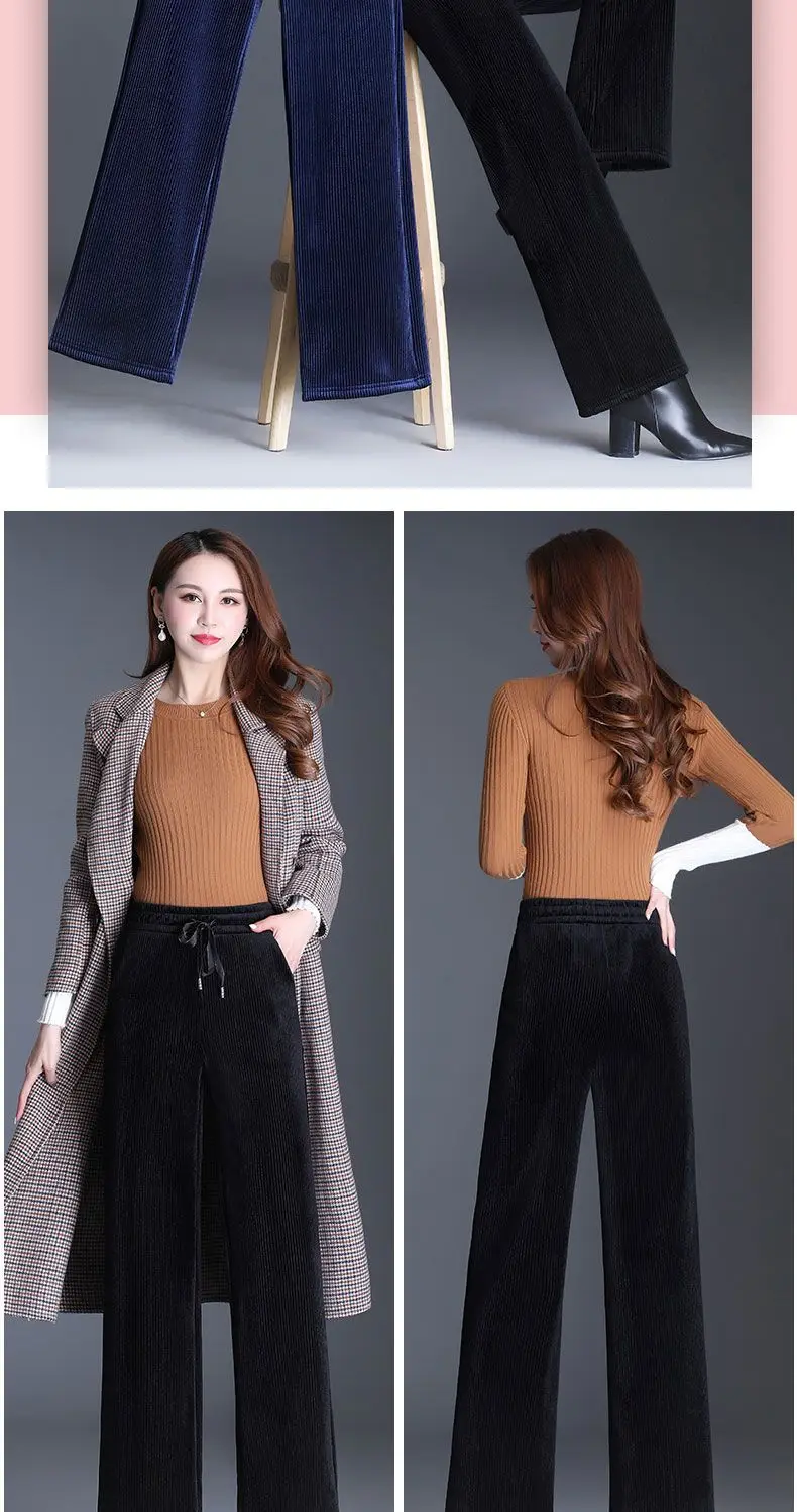 Winter Velvet Wide Leg Pants Women New Baggy Thicken Lace Up Straight Sweatpants Plush Liend Warm Pantalones High Wasit Spodnie