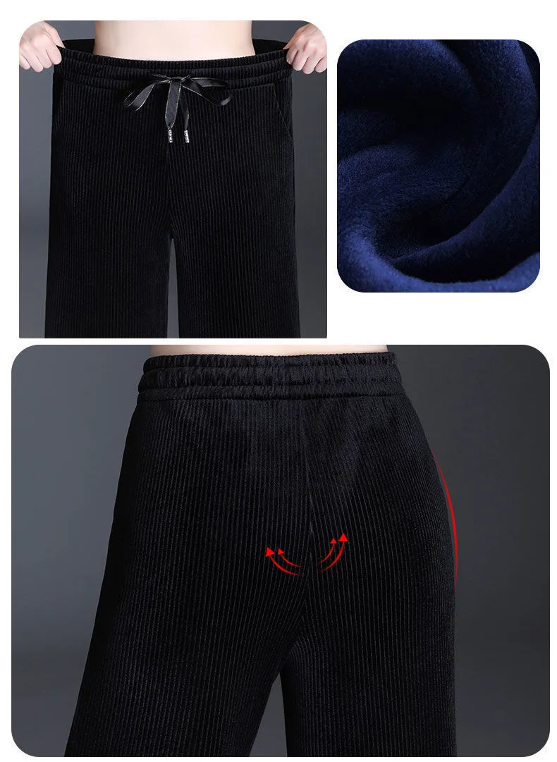 Winter Velvet Wide Leg Pants Women New Baggy Thicken Lace Up Straight Sweatpants Plush Liend Warm Pantalones High Wasit Spodnie