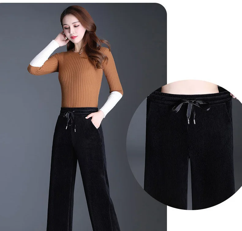 Winter Velvet Wide Leg Pants Women New Baggy Thicken Lace Up Straight Sweatpants Plush Liend Warm Pantalones High Wasit Spodnie