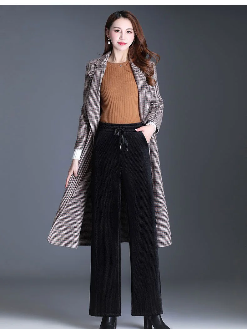 Winter Velvet Wide Leg Pants Women New Baggy Thicken Lace Up Straight Sweatpants Plush Liend Warm Pantalones High Wasit Spodnie