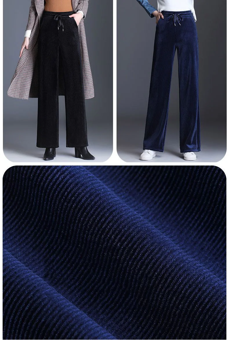 Winter Velvet Wide Leg Pants Women New Baggy Thicken Lace Up Straight Sweatpants Plush Liend Warm Pantalones High Wasit Spodnie