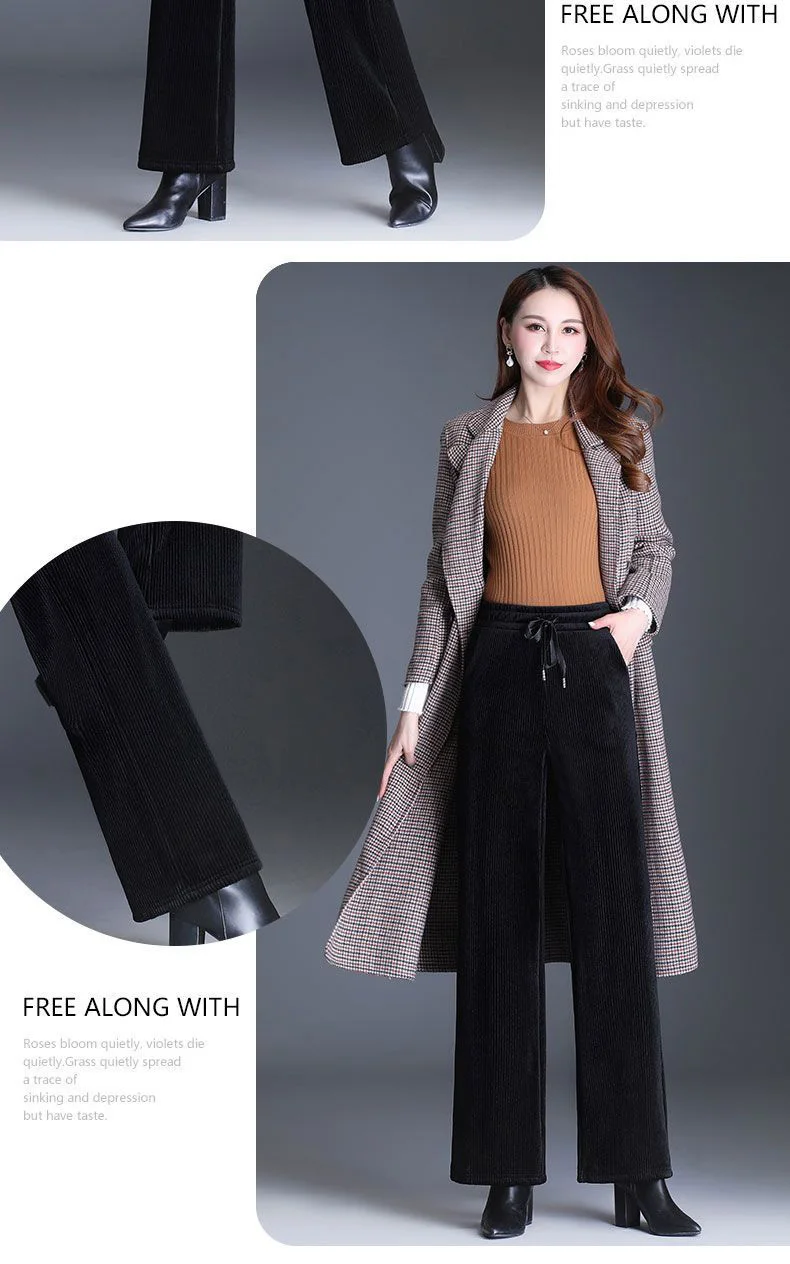Winter Velvet Wide Leg Pants Women New Baggy Thicken Lace Up Straight Sweatpants Plush Liend Warm Pantalones High Wasit Spodnie