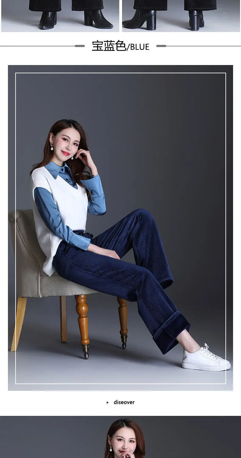 Winter Velvet Wide Leg Pants Women New Baggy Thicken Lace Up Straight Sweatpants Plush Liend Warm Pantalones High Wasit Spodnie