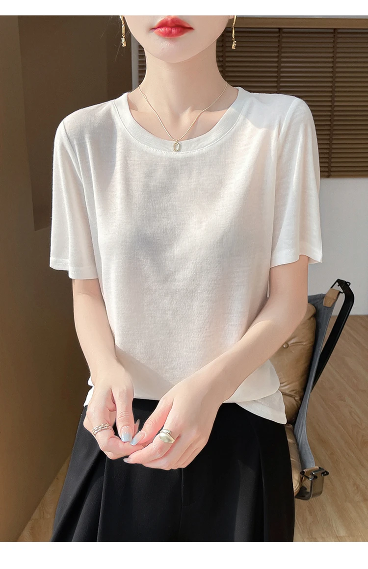 2026 Summer New Round Neck T-shirt Joker Thin Solid Color Short Sleeve Half Sleeve Loose Bottom Top