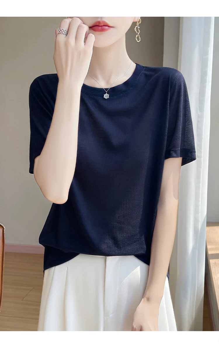 2026 Summer New Round Neck T-shirt Joker Thin Solid Color Short Sleeve Half Sleeve Loose Bottom Top