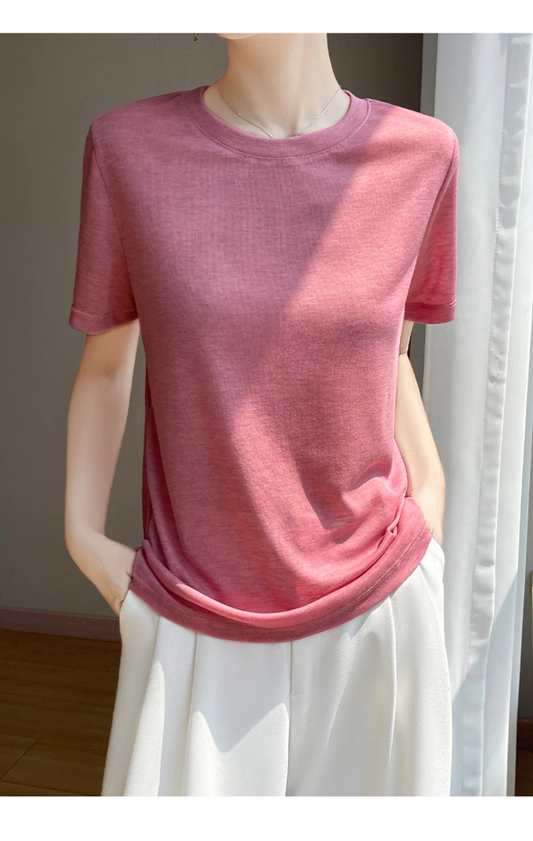 2026 Summer New Round Neck T-shirt Joker Thin Solid Color Short Sleeve Half Sleeve Loose Bottom Top