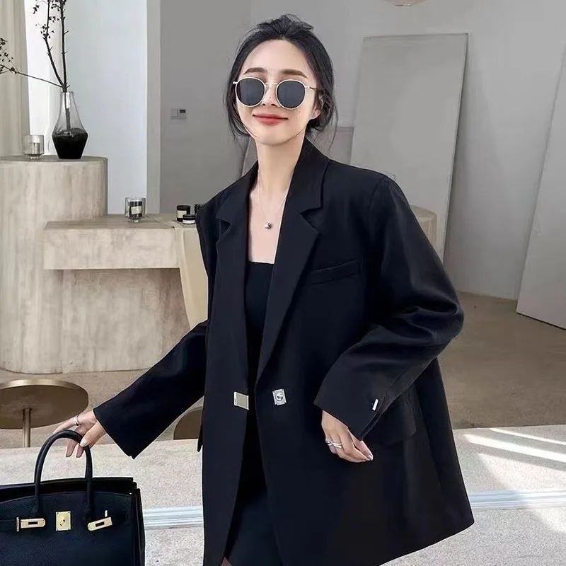 Lucyever Black Loose Blazer Jacket for Women Korean Fashion Streetwear Long Sleeve Blazers Ladies Spring Autumn Casual Suit Coat