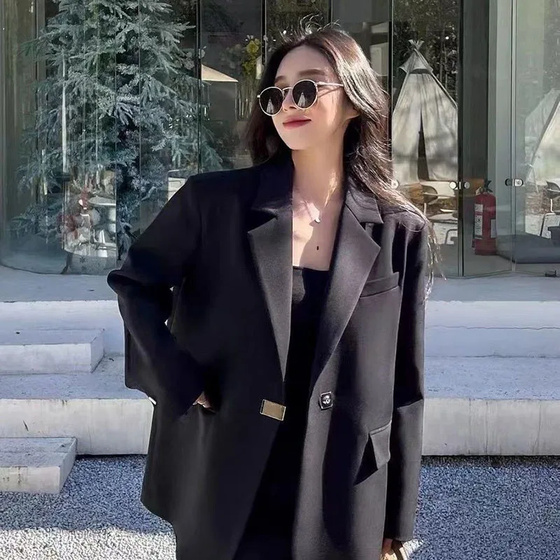 Lucyever Black Loose Blazer Jacket for Women Korean Fashion Streetwear Long Sleeve Blazers Ladies Spring Autumn Casual Suit Coat