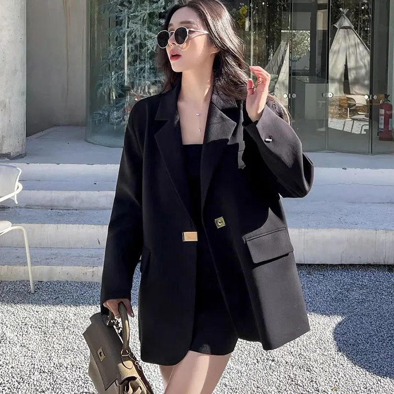 Lucyever Black Loose Blazer Jacket for Women Korean Fashion Streetwear Long Sleeve Blazers Ladies Spring Autumn Casual Suit Coat