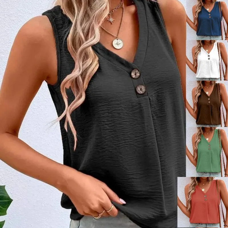 2023 New Women Summer Button V-Neck Sleeveless Blouses Casual Solid Color Tank Tops Ladies Loose Oversized Vest Streetwear Shirt