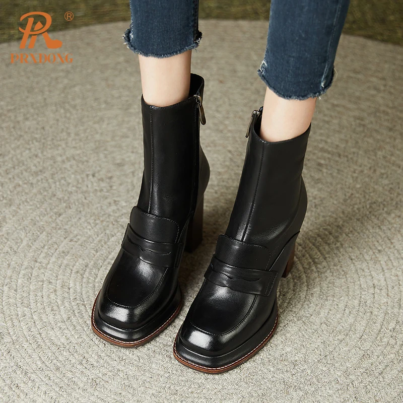 PRXDONG Brand Genuine Cow Leather Shoes Woman Ankle Boots Chunky High Heels Platform Black Brown Retro Autumn WInter Warm Shoes