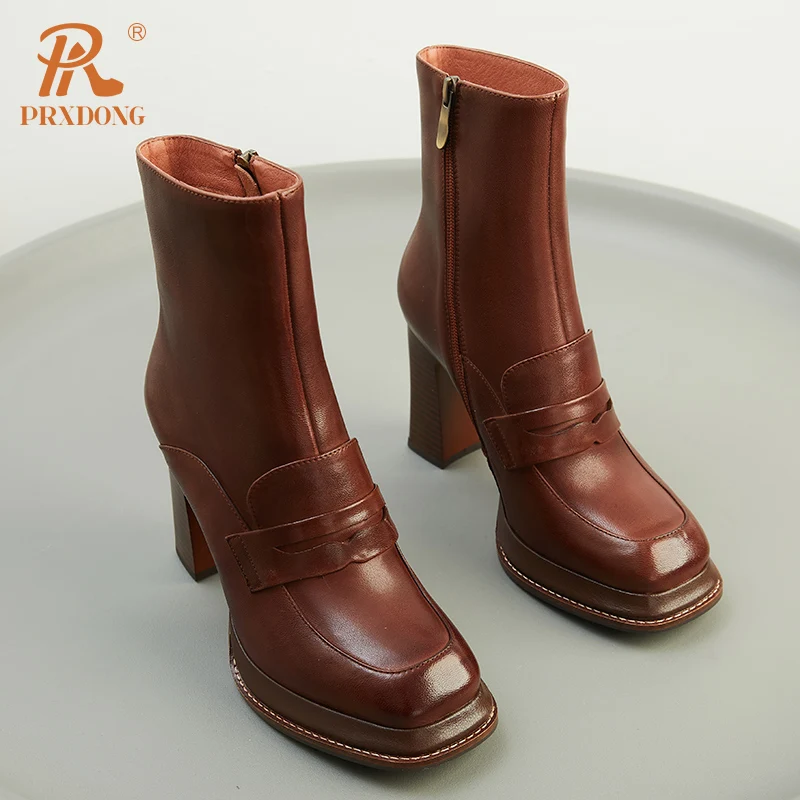 PRXDONG Brand Genuine Cow Leather Shoes Woman Ankle Boots Chunky High Heels Platform Black Brown Retro Autumn WInter Warm Shoes