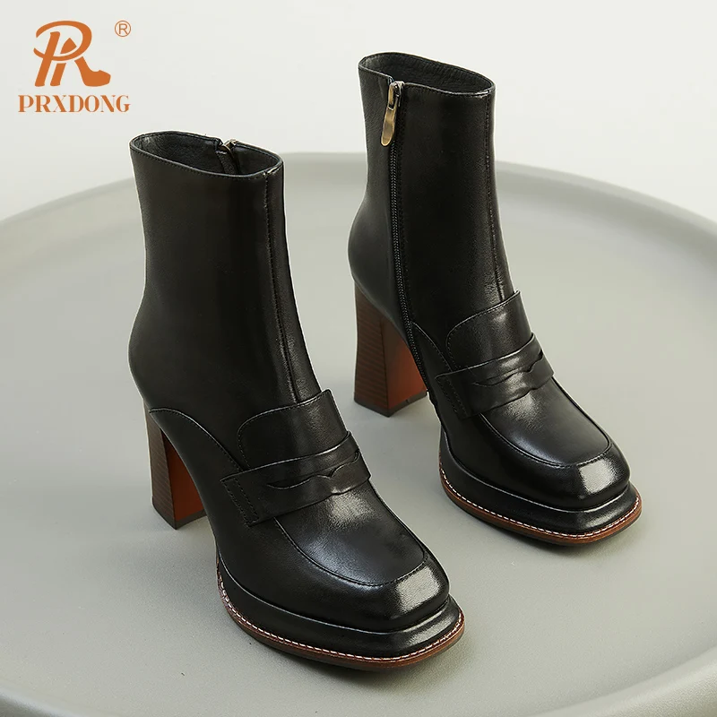 PRXDONG Brand Genuine Cow Leather Shoes Woman Ankle Boots Chunky High Heels Platform Black Brown Retro Autumn WInter Warm Shoes