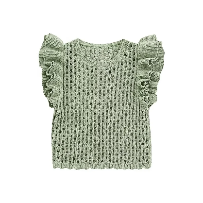 KEYANKETIAN Summer New Women's Hollow Crochet Short Sleeve Knitwear Boho Style Cascading Sweet O-Neck Light Sweater Crop Top